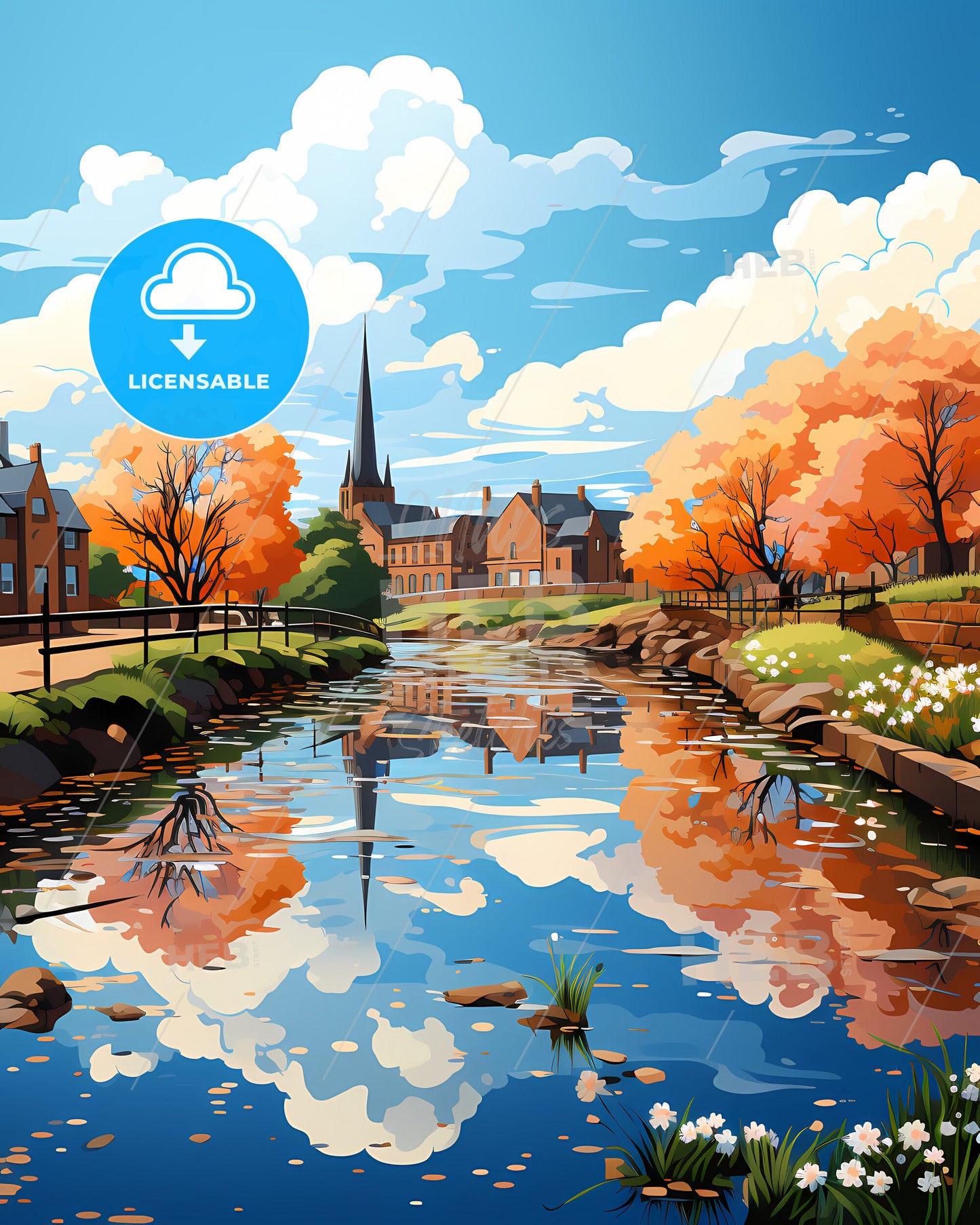 Northampton, East Midlands, a river with trees and houses in the background