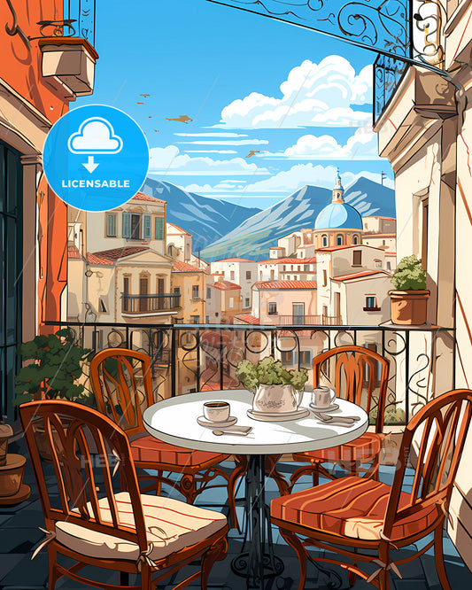Messina, Italy, a table and chairs on a balcony with a view of a city