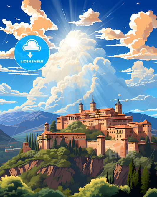 Granada, Spain, a castle on a hill with trees and mountains in the background