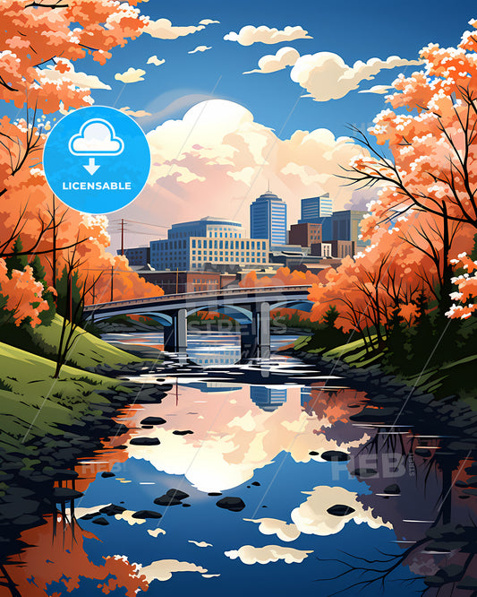 Auburn, Washington, a bridge over a river with orange trees and buildings