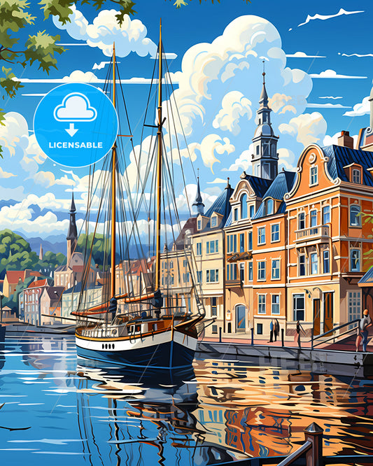 Waadhoeke, Netherlands, a sailboat on a river with buildings in the background