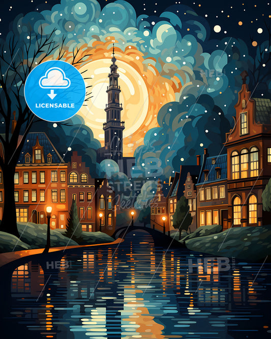 Utrecht, Netherlands, a painting of a city at night