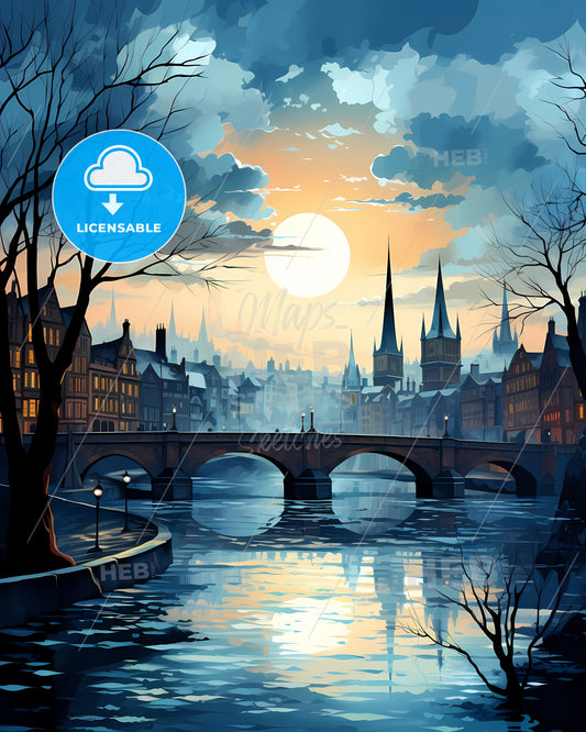 Bradford, Yorkshire and the Humber, a bridge over a river with trees and buildings in the background