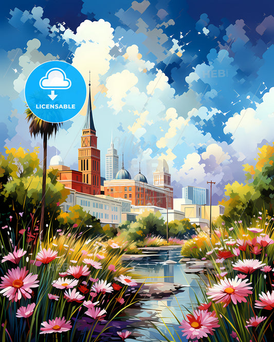 Lakeland, Florida, a painting of a city with a river and flowers