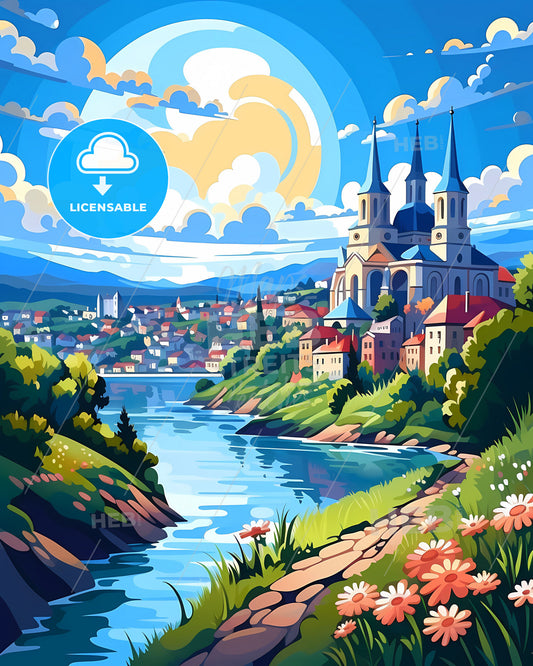 Zaporizhia, Ukraine, a river with a castle and flowers