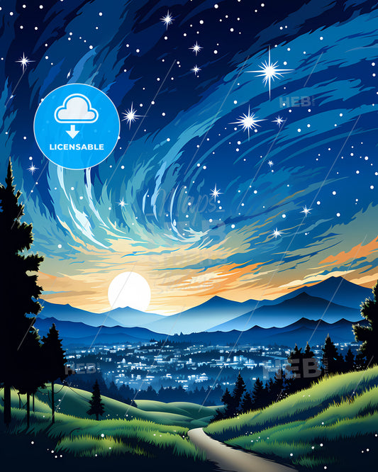 San Ramon, California, a landscape with a city and stars