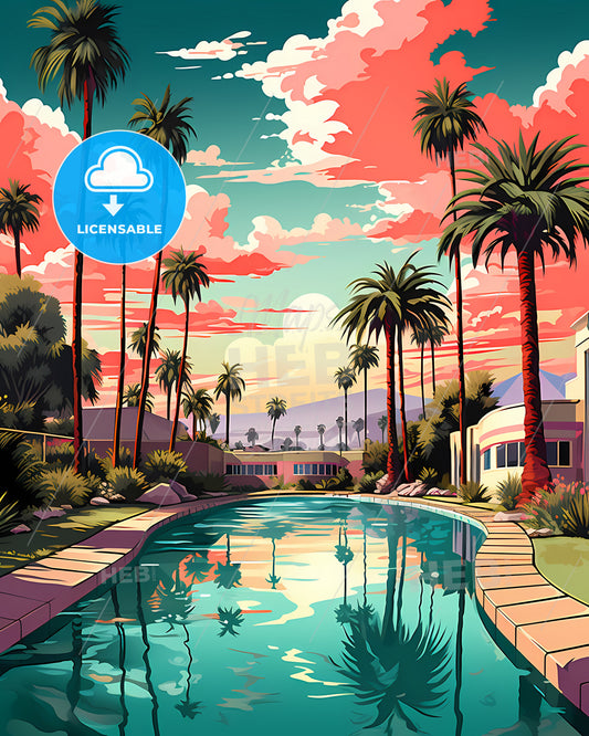 Perris, California, a pool with palm trees and buildings