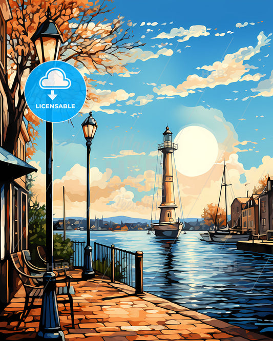 Zaanstad, Netherlands, a painting of a lighthouse and a boat on the water