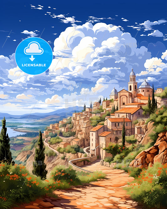 Cerignola, Italy, a painting of a town on a hill