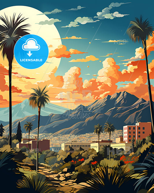 Rancho Cucamonga, California, a landscape of a city with palm trees and mountains