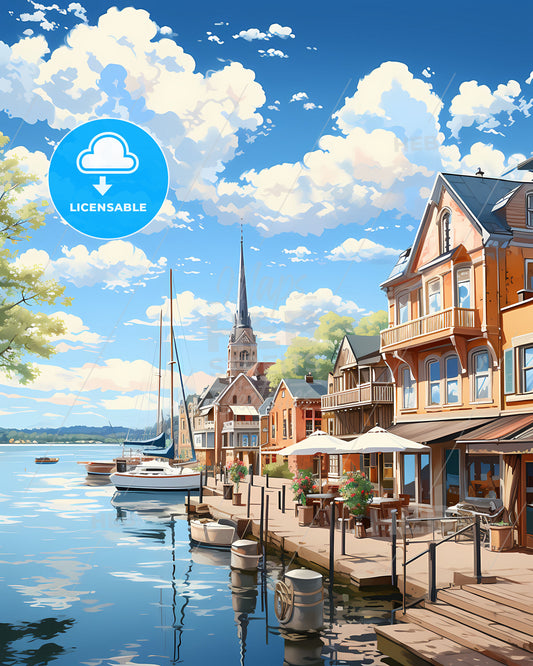 Waadhoeke, Netherlands, a water way with buildings and boats