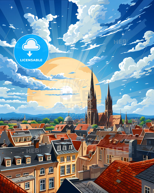 Heerlen, Netherlands, a city with a large building and a large sun