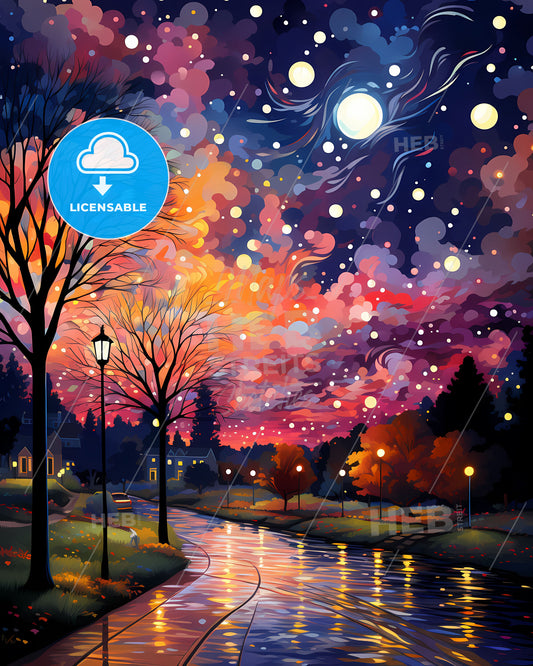 Wilmington, Delaware, a painting of a river with trees and a street light and a moon