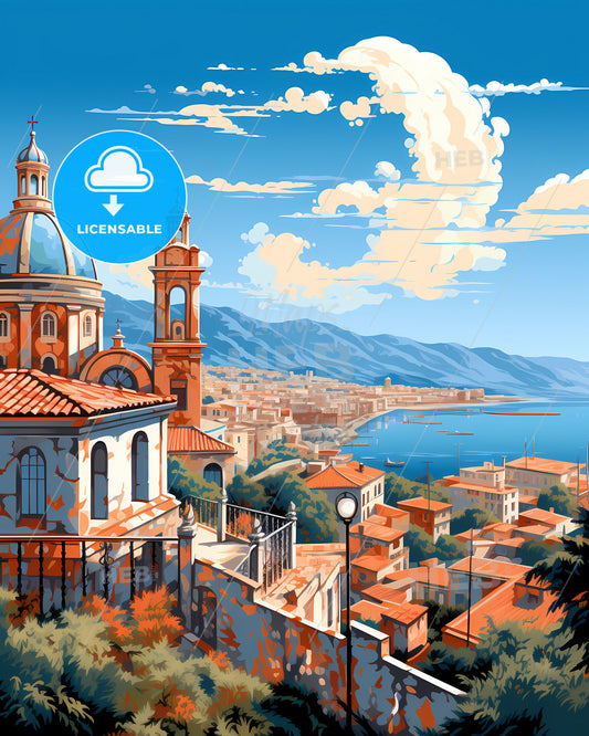 Messina, Italy, a painting of a city by the water
