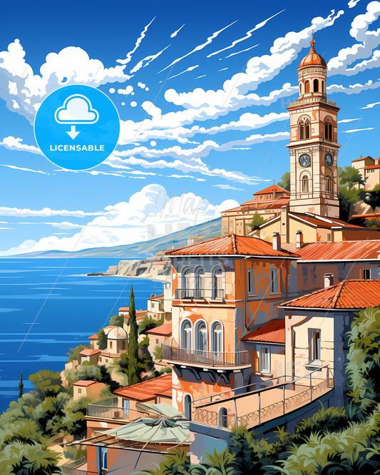 Sanremo, Italy, a building with a clock tower on a hill by the water