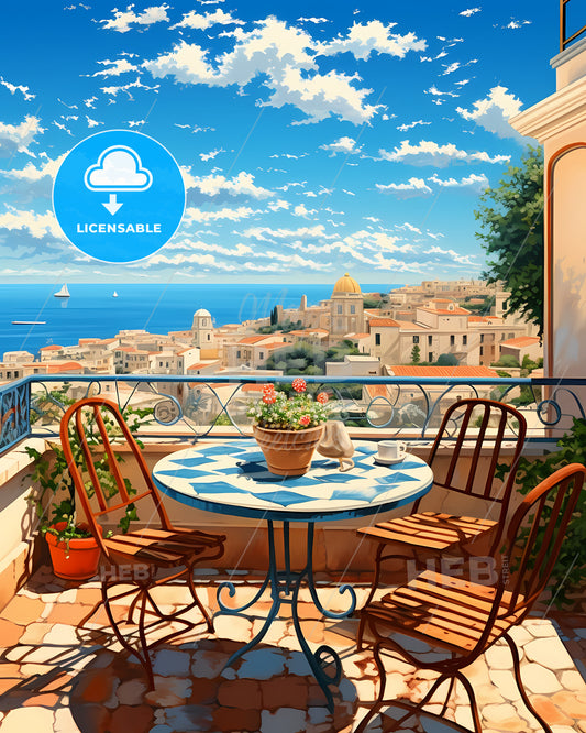 Brindisi, Italy, a table and chairs on a balcony overlooking a city