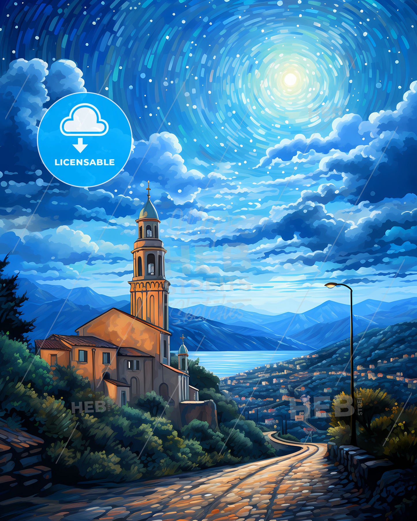 Sanremo, Italy, a building on a hill with a tower and a road and a city in the background