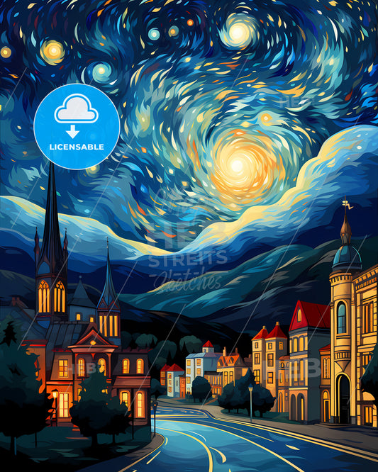 Berkeley, California, a colorful night sky over a town