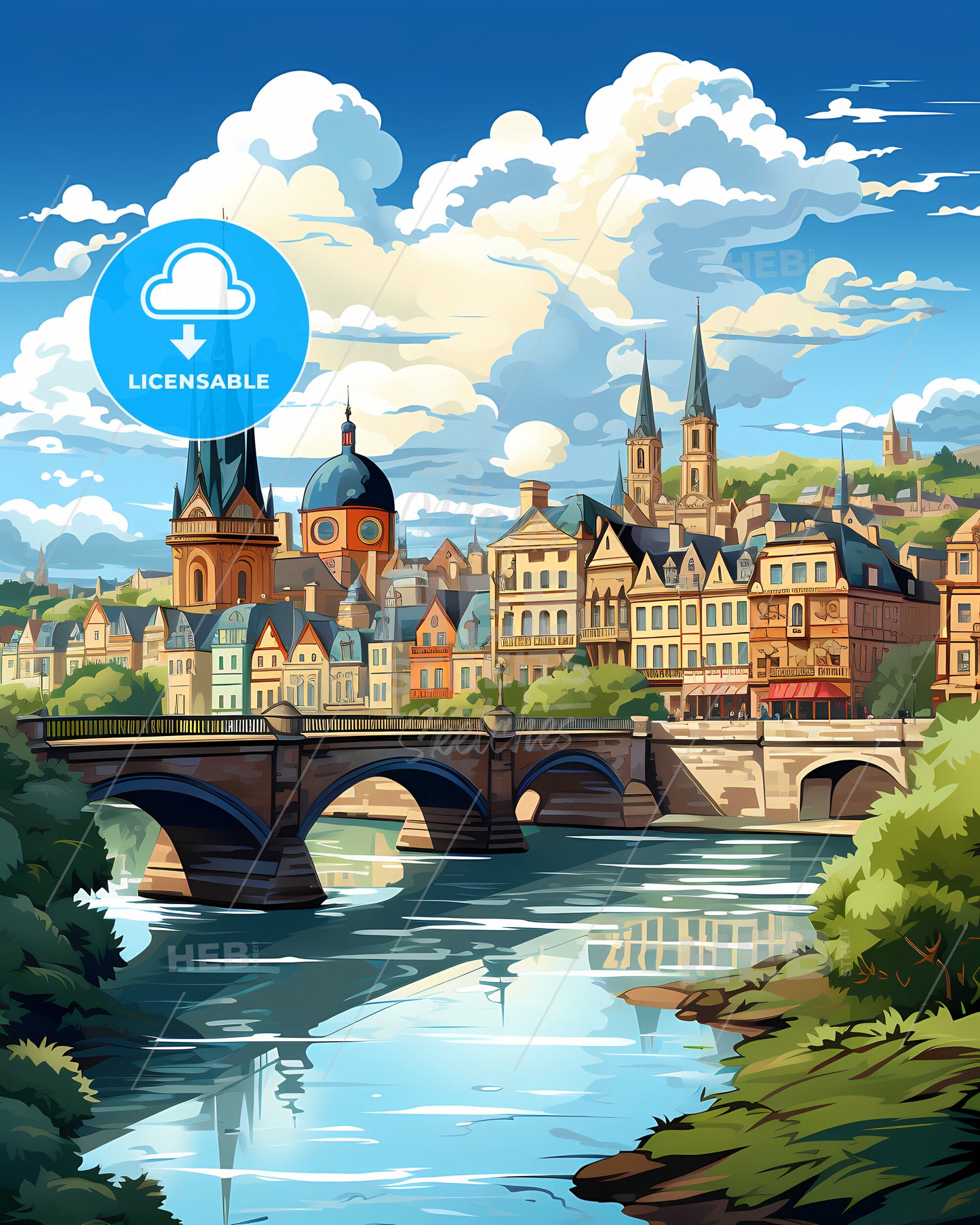 Bradford, Yorkshire and the Humber, a bridge over a river with buildings and trees