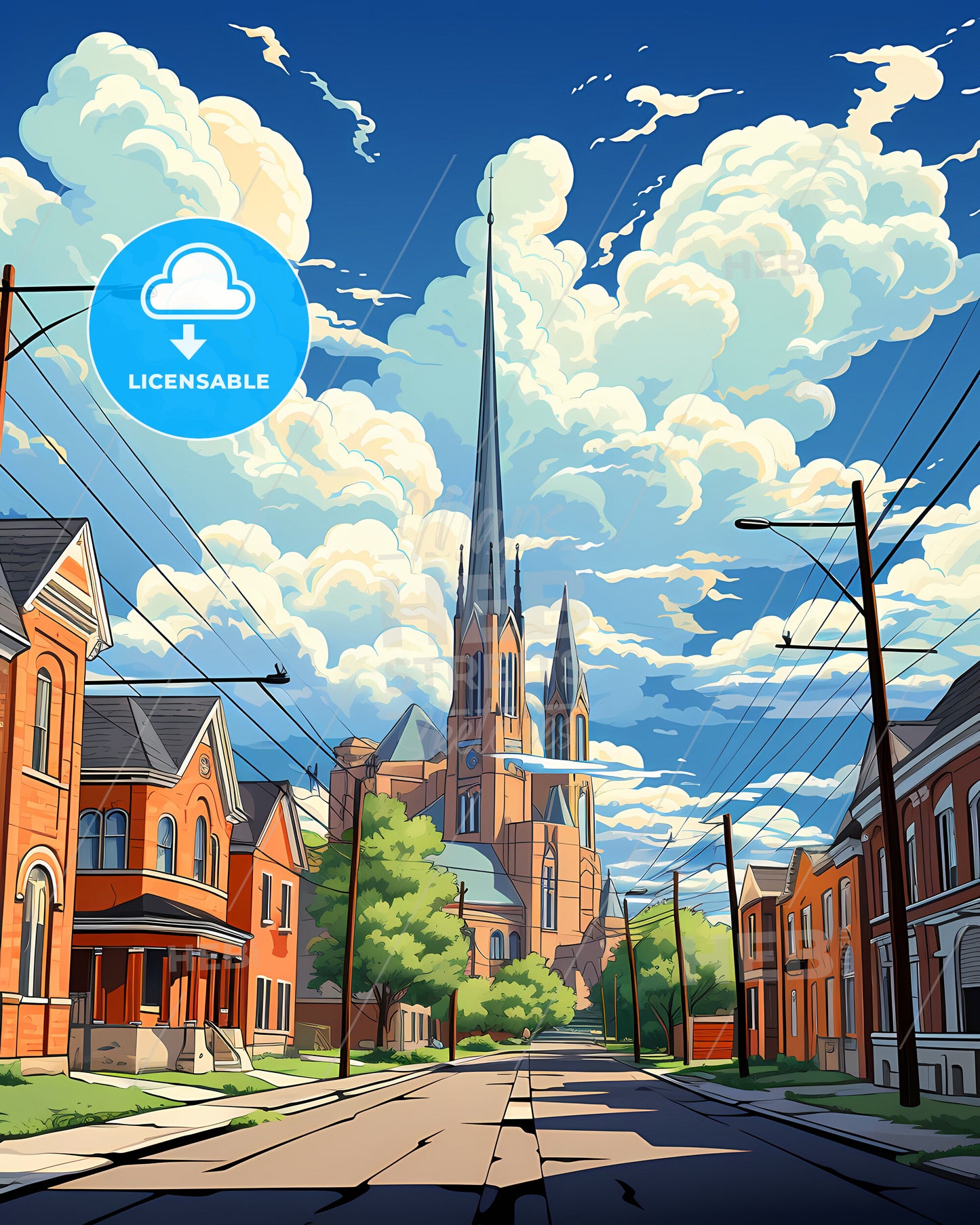 Hammond, Indiana, a street with a church and buildings