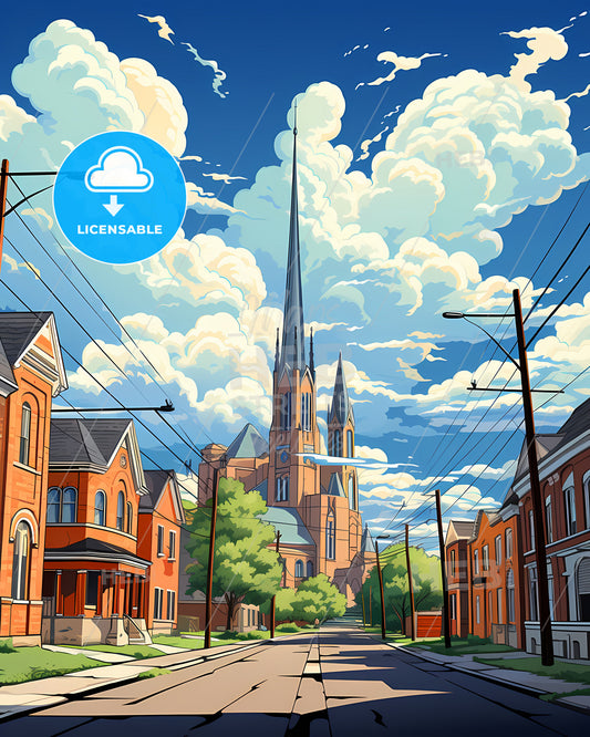 Hammond, Indiana, a street with a church and buildings