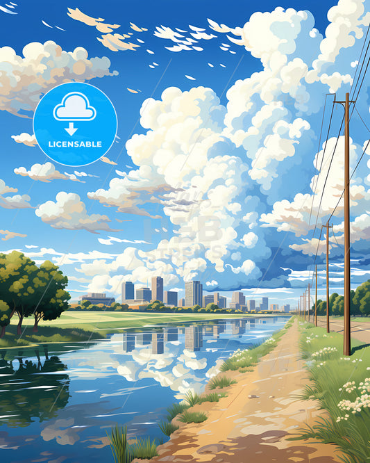 Peoria, Arizona, a water way with trees and a city in the background