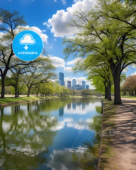 Carrollton, Texas, a river with trees and a city in the background