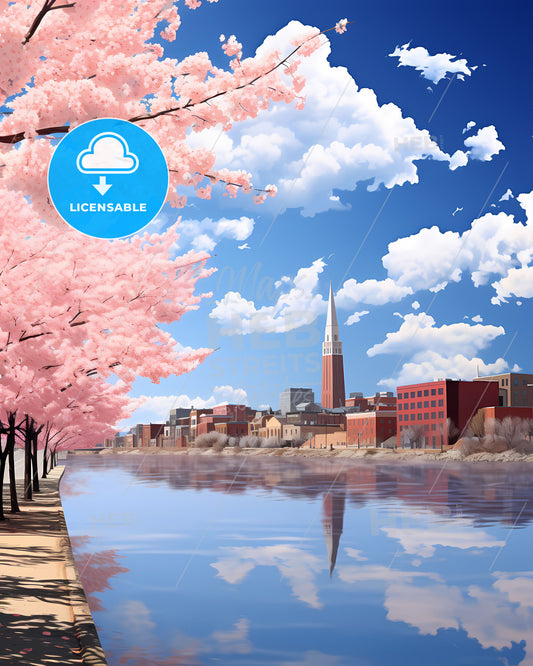 Worcester, Massachusetts, a body of water with pink trees and buildings