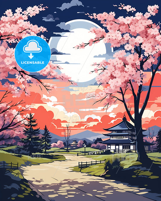 Thornton, Colorado, a painting of a japanese garden with a pagoda and trees