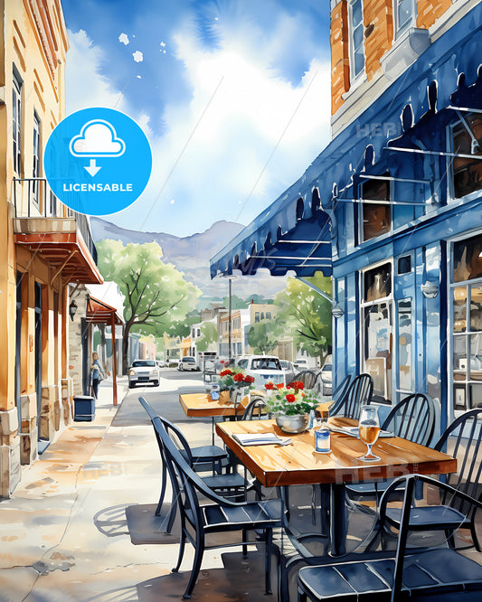 San Marcos, California, a watercolor of a street with tables and chairs