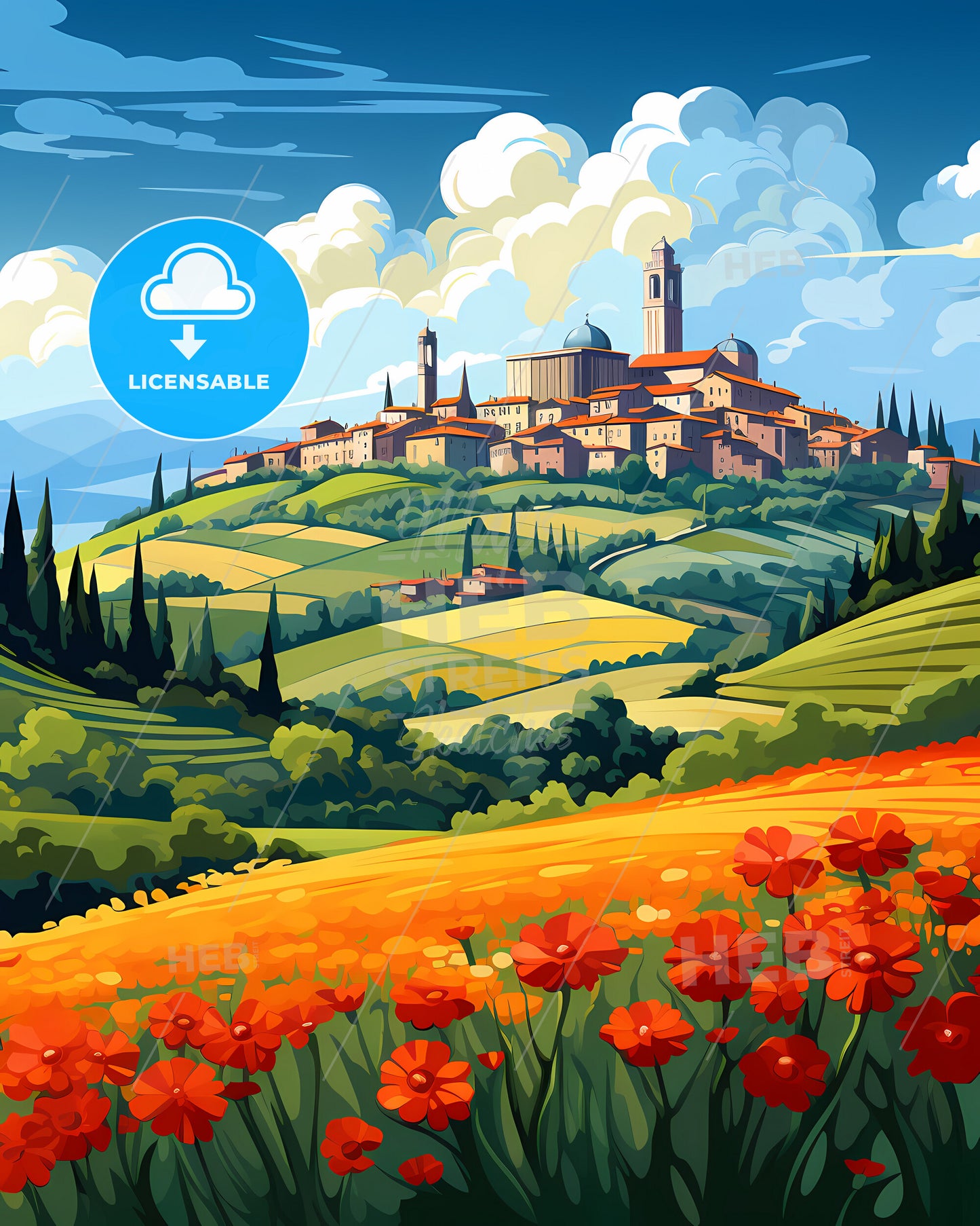 Imola, Italy, a landscape with a town and flowers