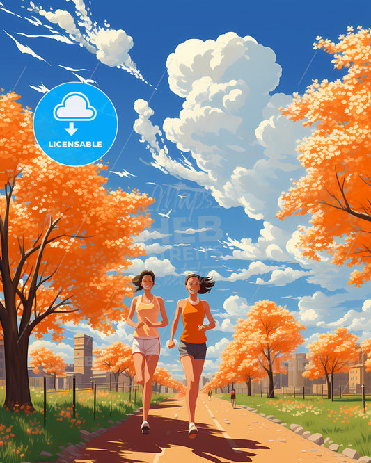 Eden Prairie, Minnesota, two women running on a road with orange trees and buildings