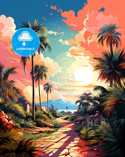 Clearwater, Florida, a road with palm trees and a sunset