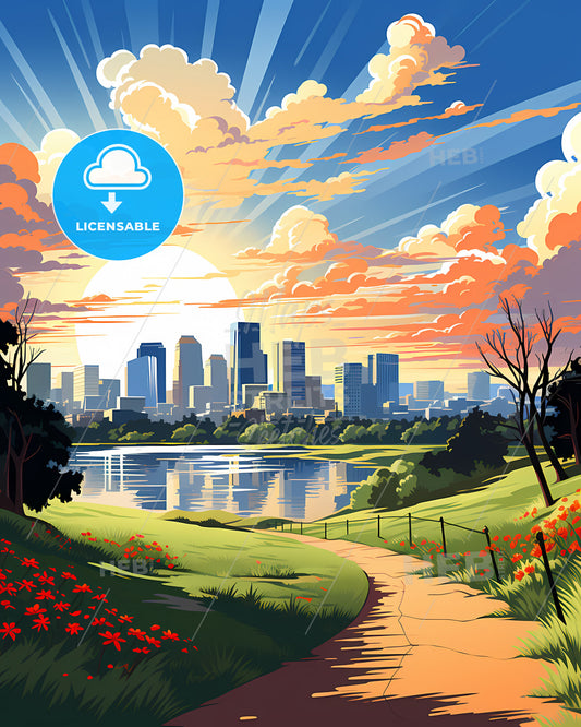 Clovis, California, a landscape with a city and a lake