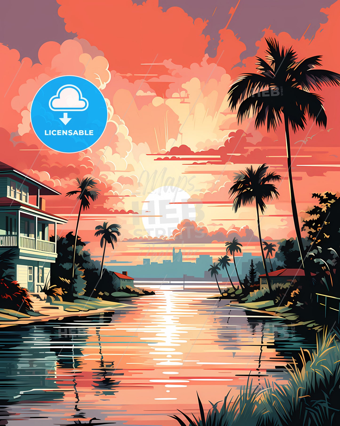 Miramar, Florida, a sunset over a body of water with palm trees and a house