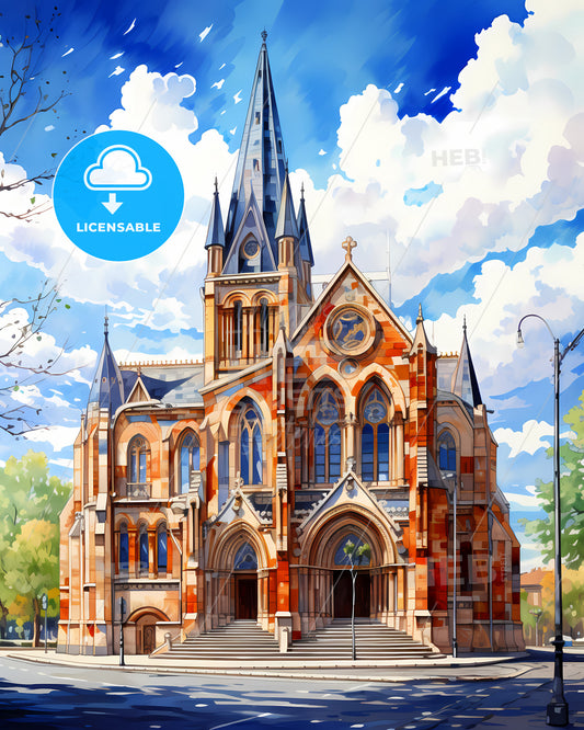 Cluj-Napoca, Romania, a building with a steeple and a blue sky with clouds