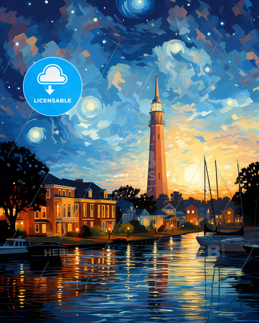 Suffolk, Virginia, a water body with boats and a tower in the background