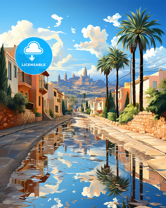 Palma, Spain, a road with palm trees and buildings on the side