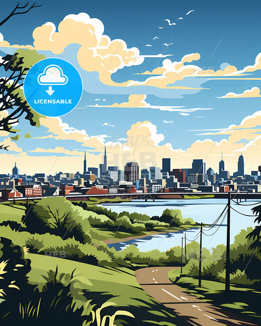 Trenton, New Jersey, a landscape of a city with a river and trees