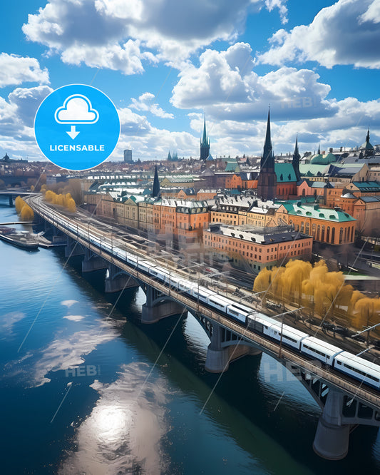 Stockholm, Sweden, a train on a bridge over a river