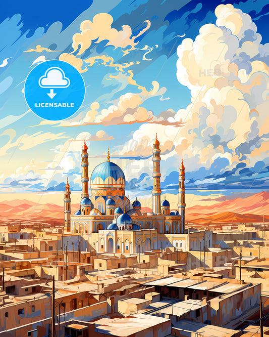 Baikonur, Kazakhstan, a large building with towers and a blue dome