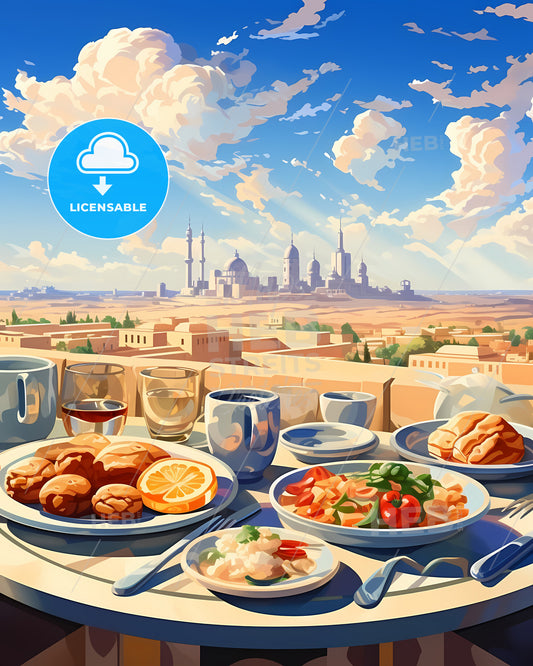 Baikonur, Kazakhstan, a table with food on it and a city in the background