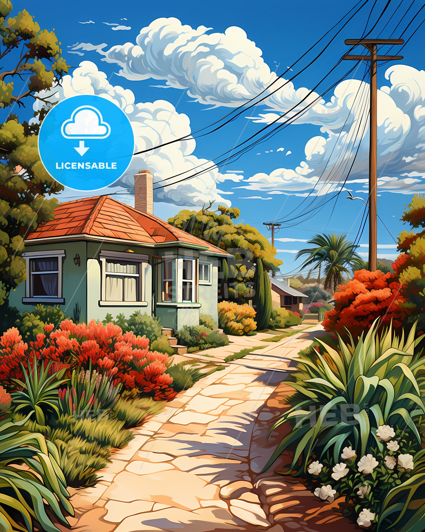 Costa Mesa, California, a house with flowers and plants on a stone path