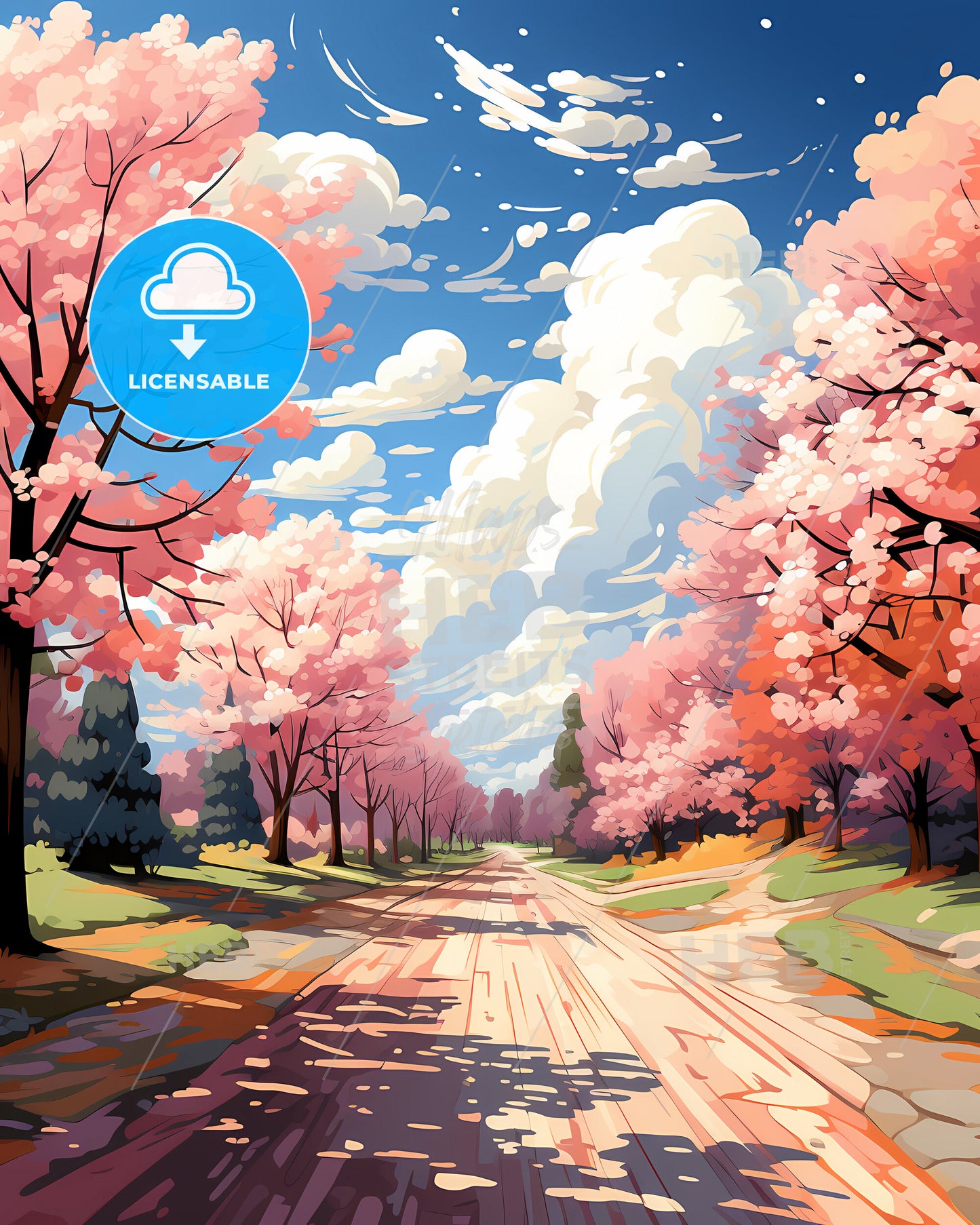 Skokie, Illinois, a road with pink trees and blue sky