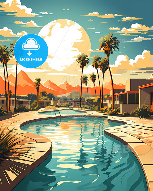 Tulare, California, a pool with palm trees and mountains in the background