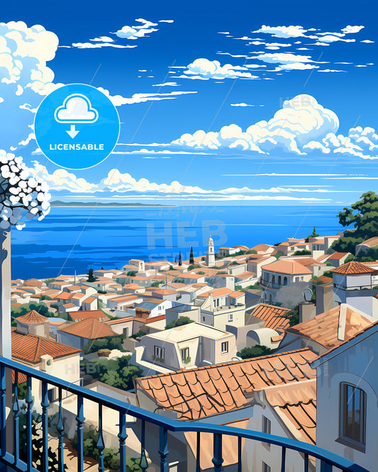 Setubal, Portugal, a view of a town from a balcony overlooking the ocean