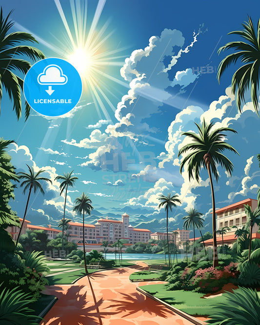 Miramar, Florida, a palm trees and buildings in a tropical area