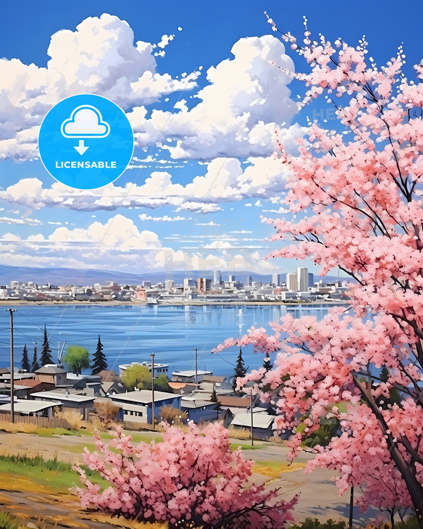 Kennewick, Washington, a pink tree with pink flowers next to a body of water