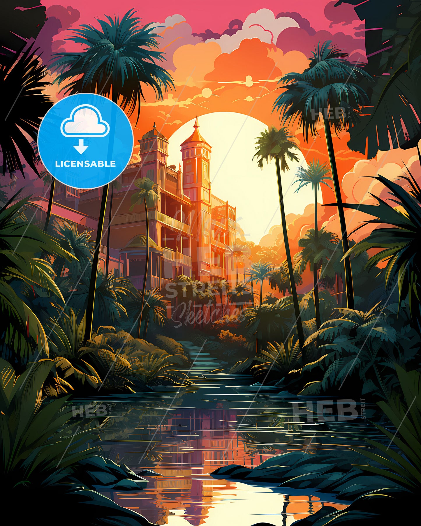 Kissimmee, Florida, a building surrounded by palm trees