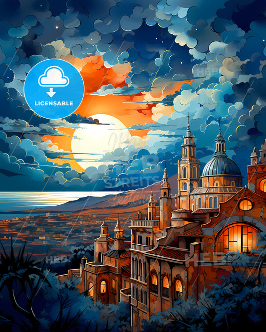 Mã¡Laga, Spain, a large building with towers and a large sun in the sky